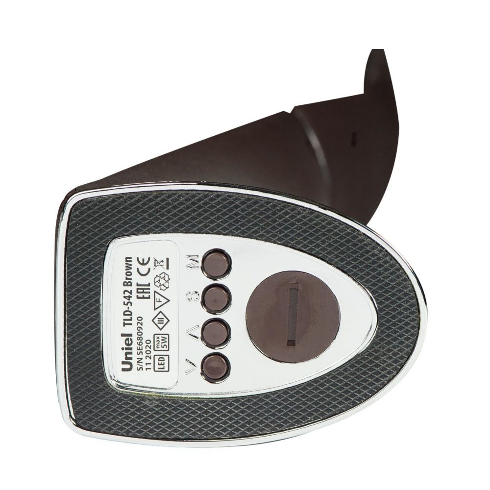 TLD-542 Brown-LED-300Lm-5000K-Dimmer Светильник настольный c часами. календарем. термометром. 5W. Сенсорный выключатель. Коричневый стилизован под кожу. TM Uniel.