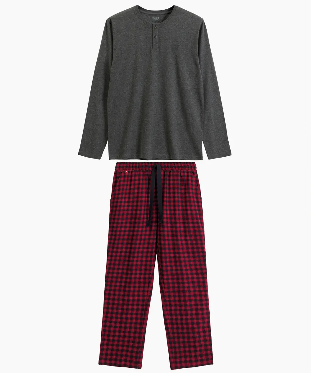 Мужская пижама Atlantic, 1 шт. в уп., хлопок, темно-серый меланж + красная, NMP-394