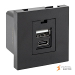 Розетка USB A+C, 2,1А, 2 гнезда, без индикатора, черная, матовая EKF