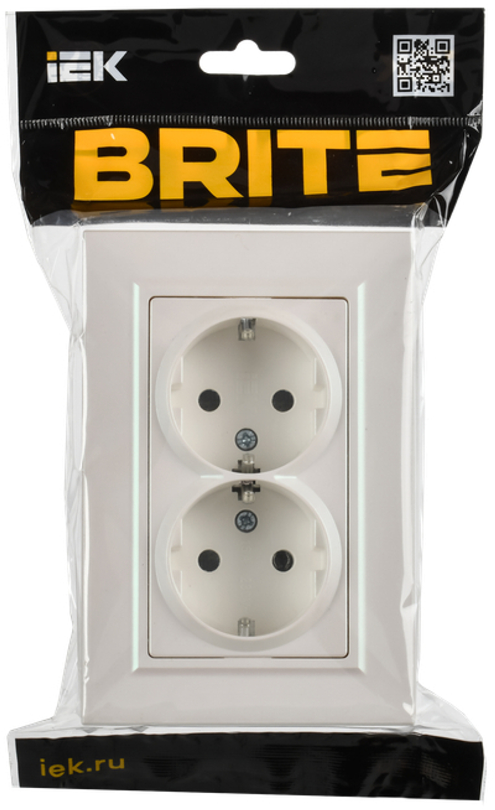 BRITE Розетка 2-местная с заземлением с защитными шторками плоская 16А в сборе РСшПл12-3-БрЖ жемчуг IEK