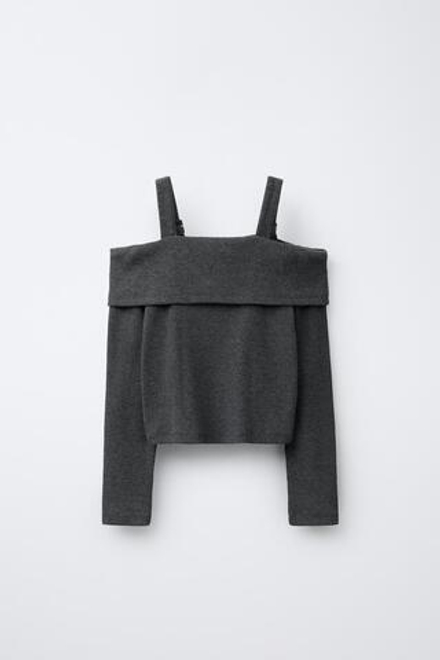 ZARA ФУТБОЛКА В РУБЧИК С ПРЯЖКАМИ, СЕРЫЙ МЕЛАНЖ