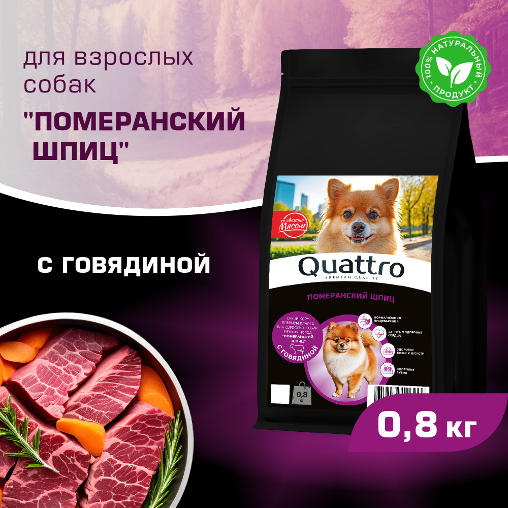 Корм сухой для взрослых собак породы Померанский шпиц, с говядиной, 800 гр, QUATTRO