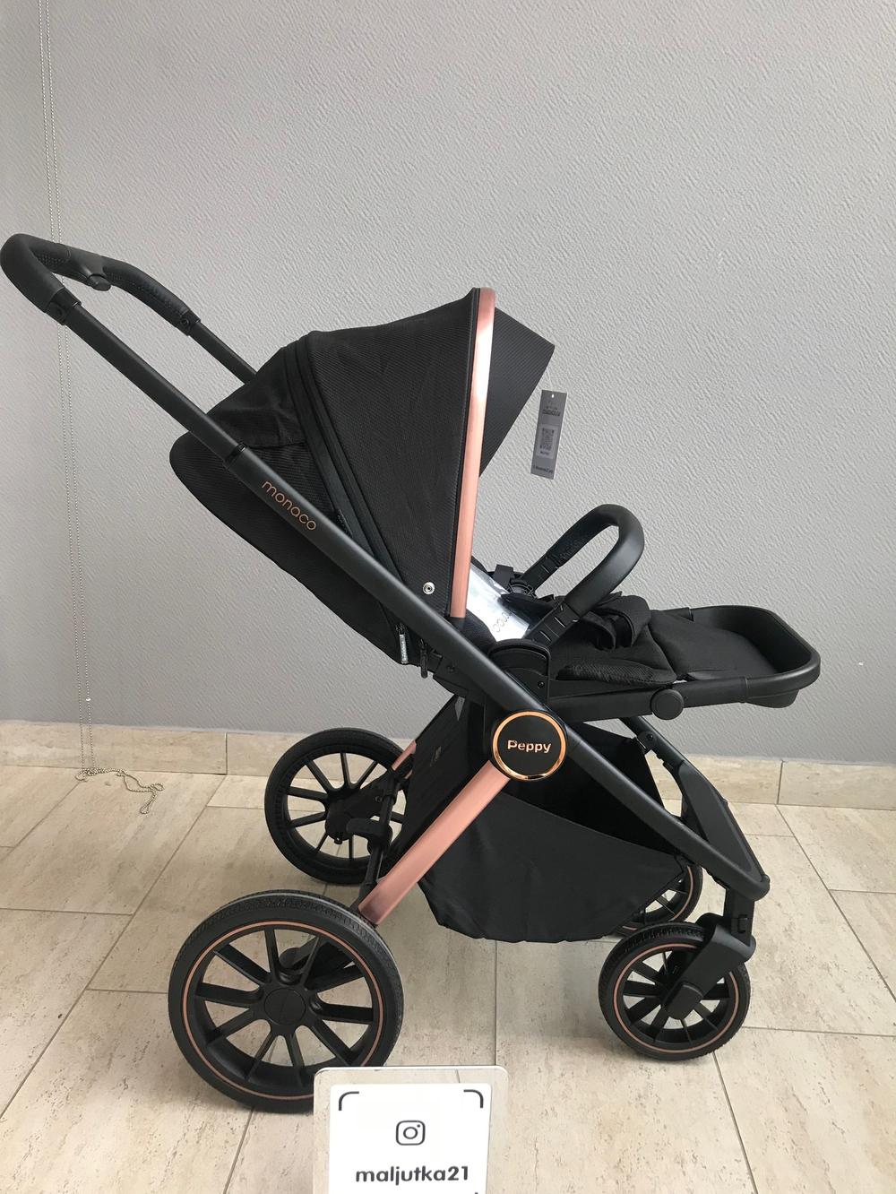 Коляска детская Peppy Monaco 2 в 1 GP Rose Black (черный), рама черн-золотая, шлифованный алюминий