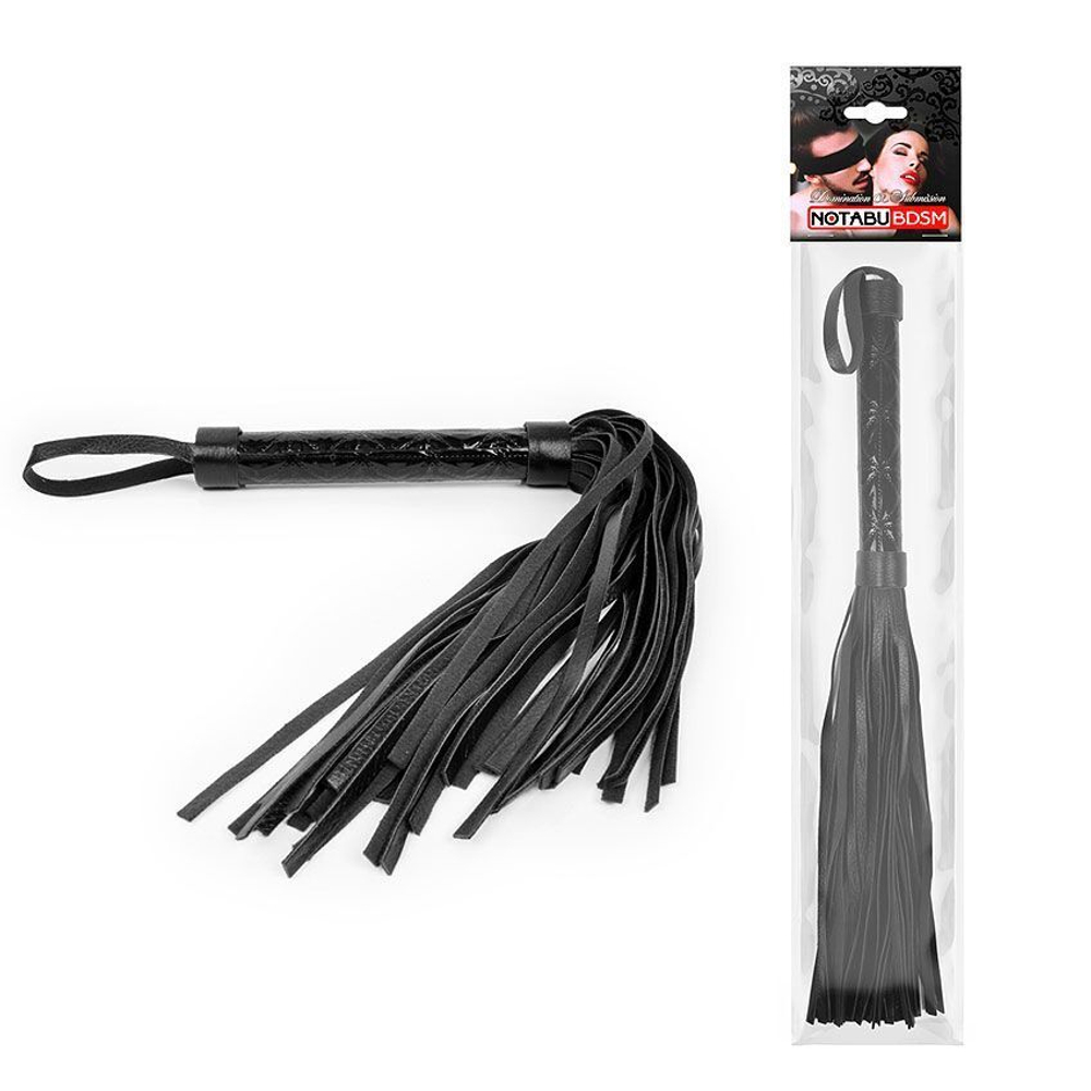 Черная многохвостовая плеть с круглой гладкой ручкой - 38 см. (Цвет: черный)