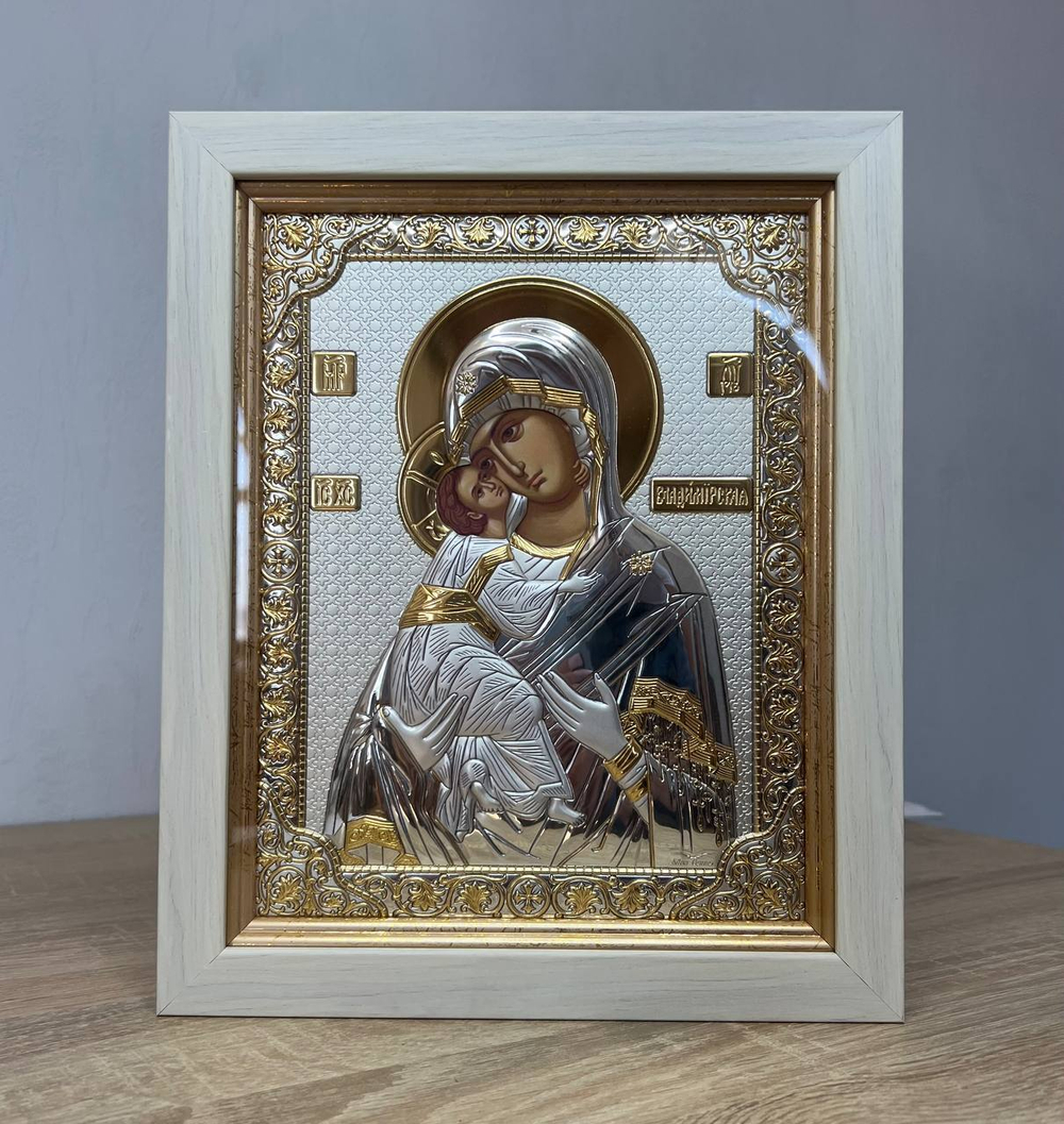 Владимирская БМ, икона прямоугольная в рамке под стеклом, белое дерево 232х280