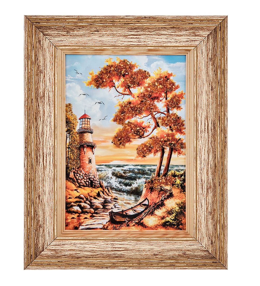 AMB-01/22 Картина «Маяк на краю земли» (с янтарной крошкой) пласт.рамка 33х42см