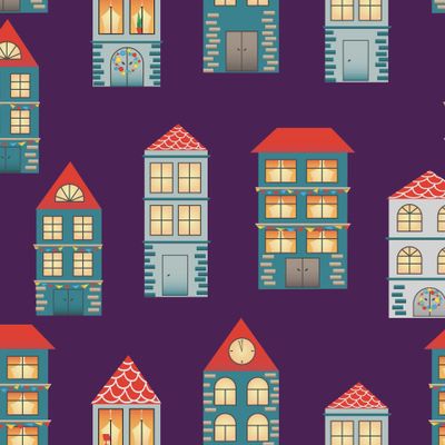 Домики на темно-фиолетовом фоне.