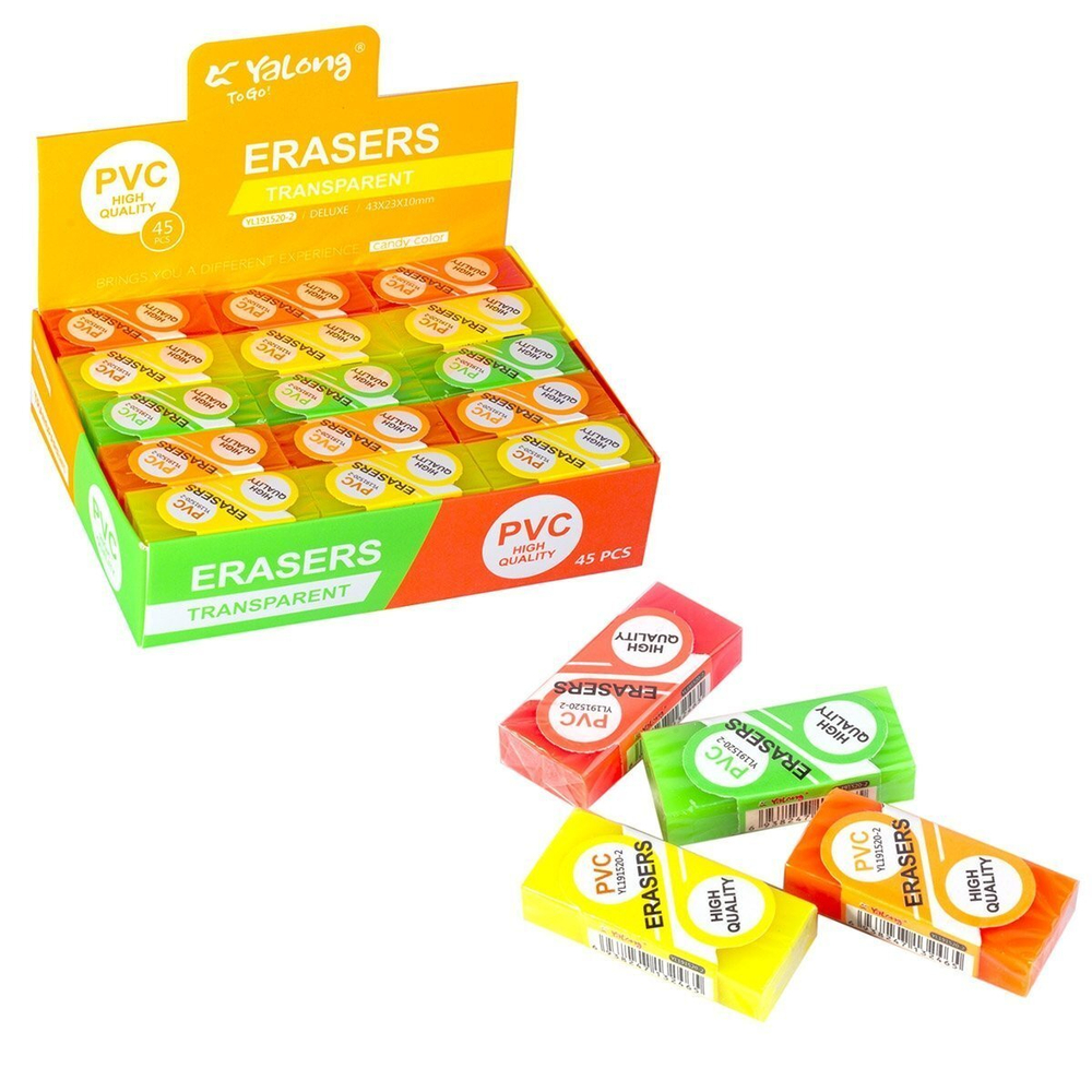 Ластик Yalong, синтетический каучук, "Candy color", прямоугольный, ПВХ, цвет ассорти, 44х20х10 мм, картонная упаковка