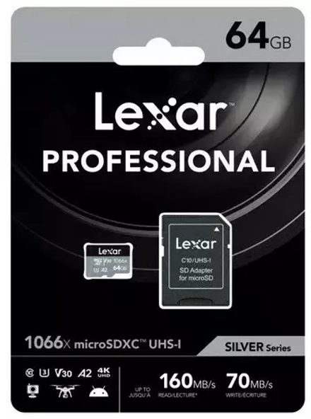 Карта памяти Lexar Professional 1066x Silver microSDXC 64GB UHS-I U3 V30 A2, R/W 160/70 МБ/с с адаптером