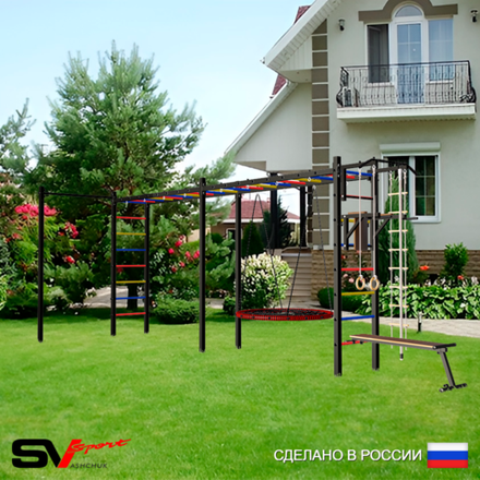 Уличная шведская стенка Sv Sport рукоход х 2 с комплектом турник прямой У52622.2 (Турник/Брусья/Скамья/Гнездо 115см/Канат/кольца/лестница)