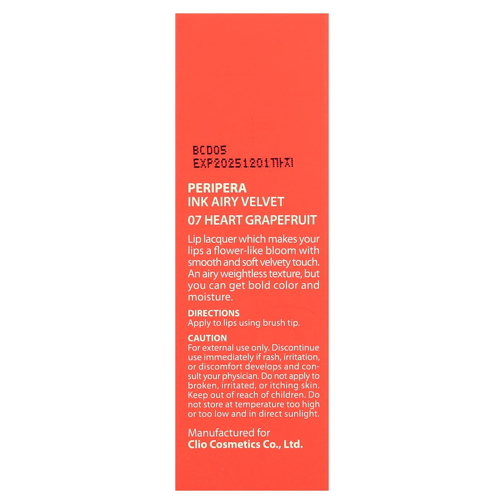 Peripera, Ink Airy Velvet, тинт для губ, оттенок 07, грейпфрут, 4 г (0,14 унции)