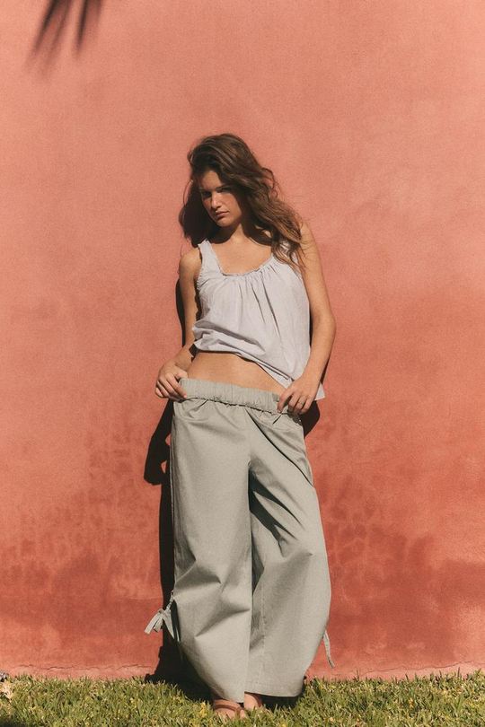 ZARA ТОП ИЗ ПОПЛИНА НА БРЕТЕЛЯХ, СВЕТЛО-СИРЕНЕВЫЙ