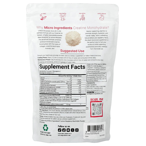 Micro Ingredients, моногидрат креатина для женщин, лимон и малина, 500 г (1,1 фунта)