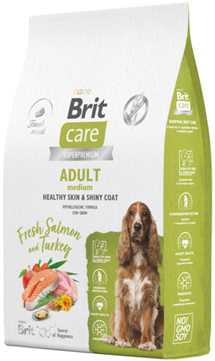 Brit Care 1,5кг Superpremium M Healthy Skin & Shiny Coat Salmon & Turkey Низкозерновой корм для собак средних пород, c лососем и индейкой