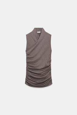 ZARA ТОП С ДРАПИРОВКОЙ И СБОРКАМИ, КОРИЧНЕВЫЙ МЕЛАНЖ