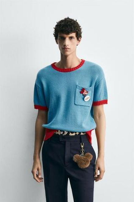 ZARA HARRY LAMBERT X DISNEY ТРИКОТАЖНАЯ ФУТБОЛКА С КОНТРАСТНОЙ ОТДЕЛКОЙ, СИНИЙ