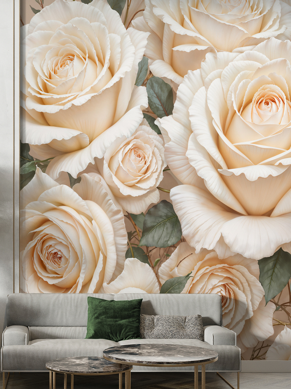 3D Фотообои бежевые розы и зеленые листья