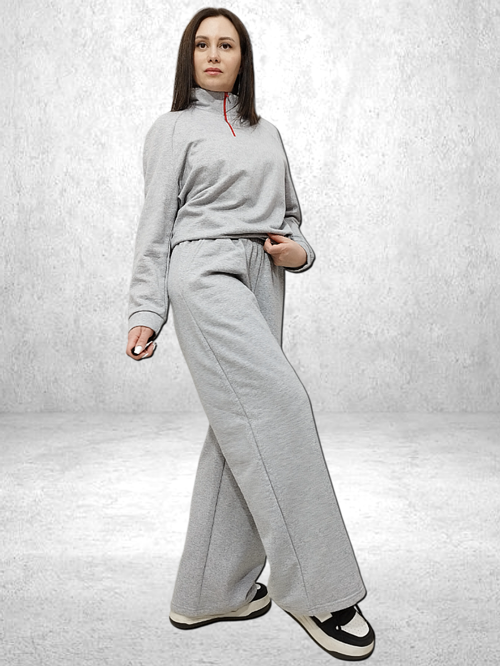 20831 Костюм женский ворот на кор. замке, брюки палацо, футер 2-х нитка начес серый меланж (52)