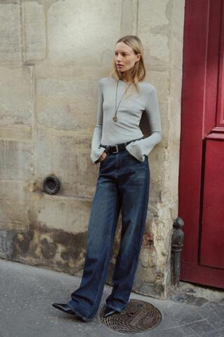 ZARA ФУТБОЛКА В РУБЧИК С РАСКЛЕШЕННЫМИ РУКАВАМИ, СЕРЫЙ МЕЛАНЖ