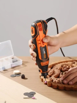 REXBETI Электрический гравер, Электрогравер с гибким валом для шлифовки( 200 Вт, 33000 об/мин, 40 шт насадок, регулировка скорости, Защитная коробка)