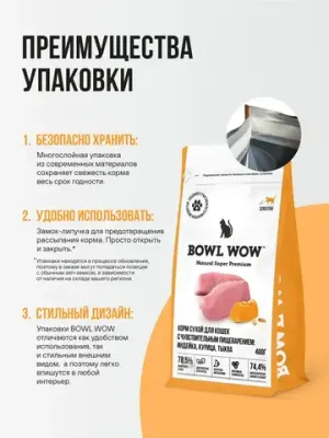 Корм сухой полнорационный BOWL WOW с индейкой и тыквой для кошек с чувствительным пищеварением