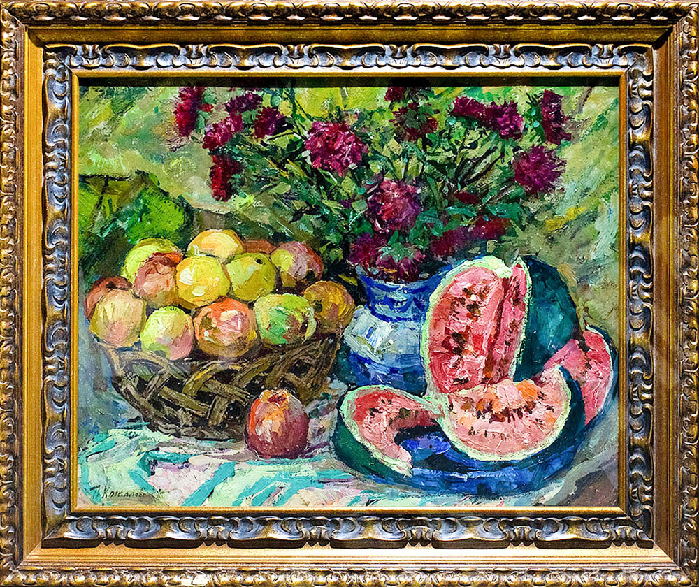 Кончаловский Пётр Петрович (?). Натюрморт. Фрукты на яркой скатерти. Фанера, масло, 1944