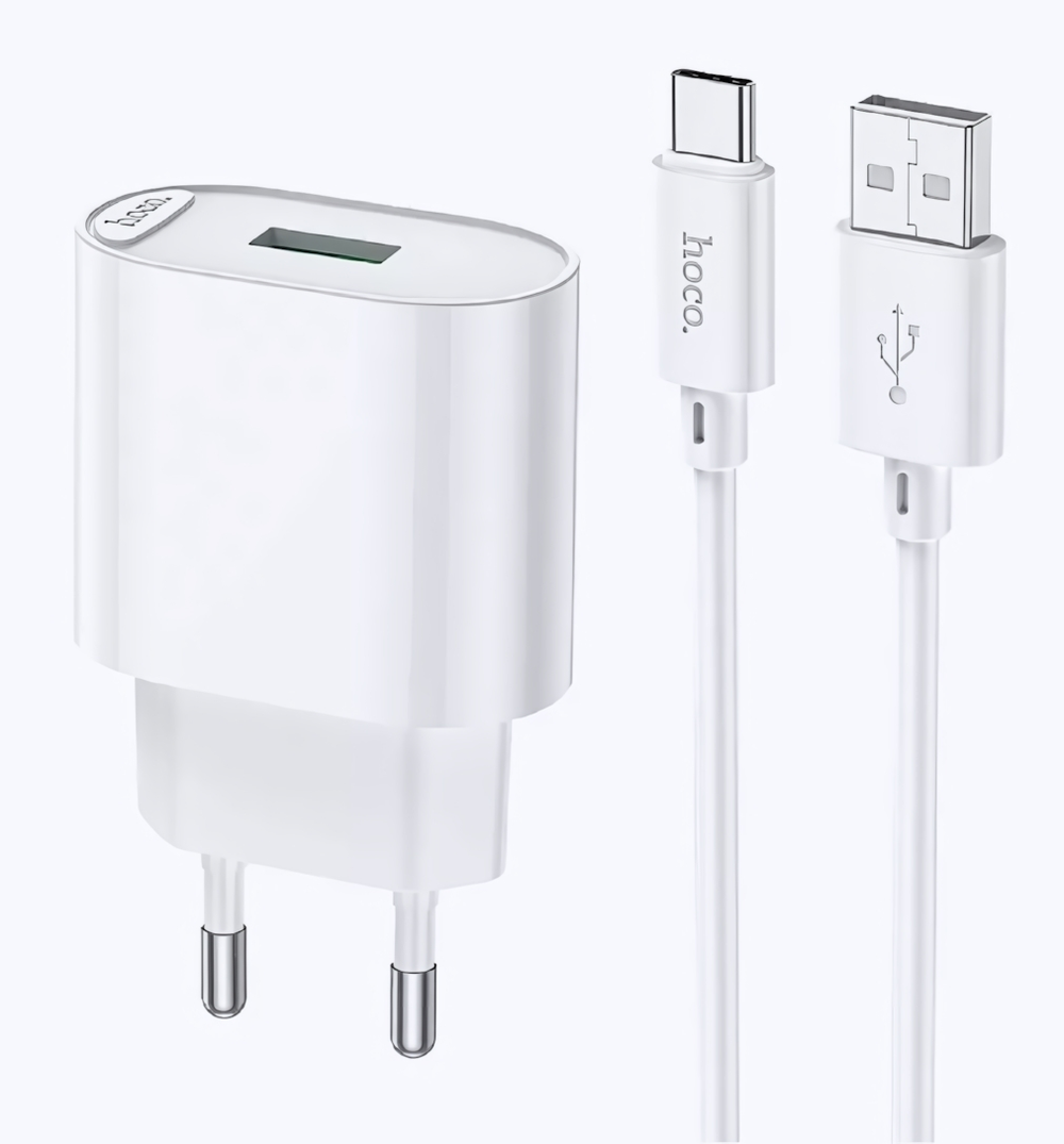 Зарядное устройство HOCO C109A 18W QC3.0 3A USB + кабель Type-C White