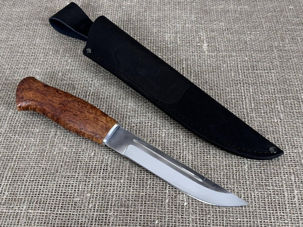 Финский нож Леуку, рукоять мореная карельская берёза