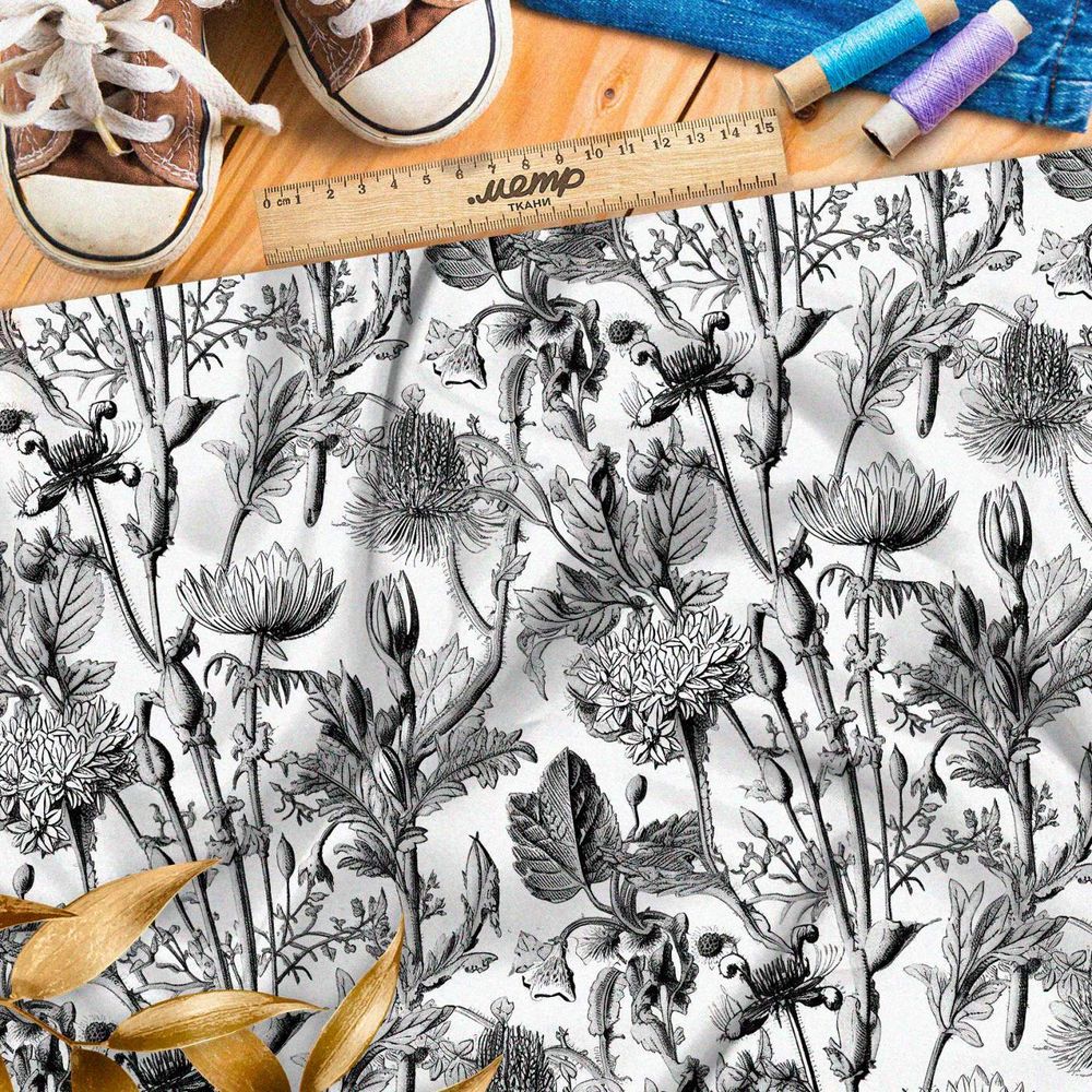Ткань премиум интерлок графическая ботаника