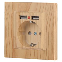 Розетка Intro Accent 6-410-11 с заземлением 2P+E Schuko со шторками 16А-250В + 2хUSB IP20 СУ сосна | Intro