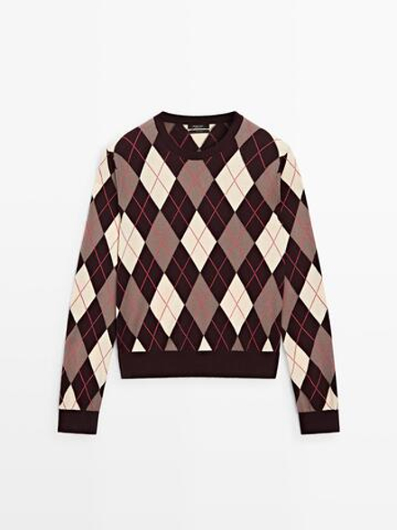Massimo Dutti Свитер из хлопкового трикотажа с узором «ромбы», бордо