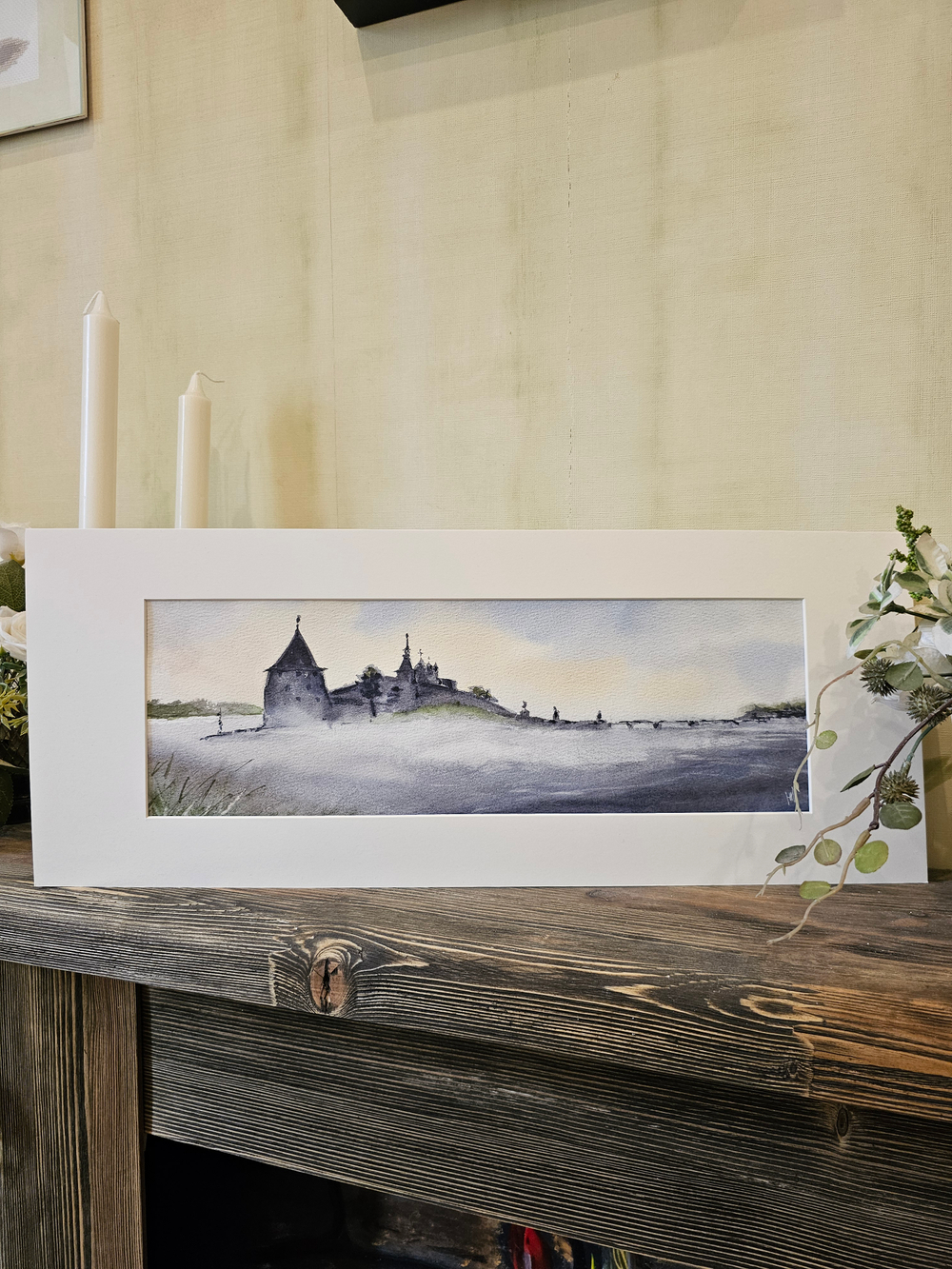 Картина авторская акварельная в раме 20х50 см на стену для интерьера "Туман на Великой"