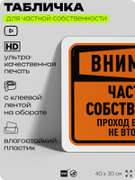 Табличка для частной территории "Внимание, частная собственность", на дом, для участка, организаций, предупреждающая, 40х30 см, Silver Plane x Айдентика Технолоджи
