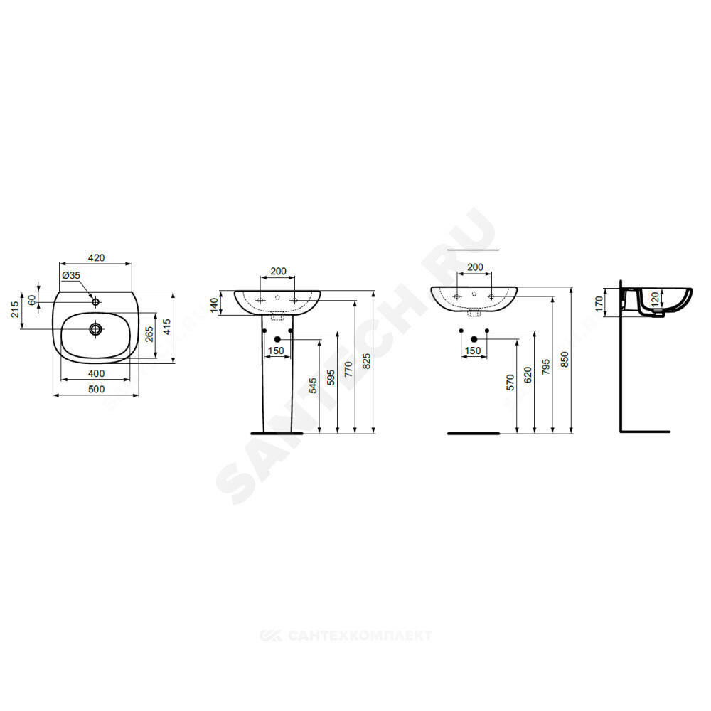 Умывальник подвесной TESI 50 1 отверстие под смеситель по центру Ideal Standard T009401