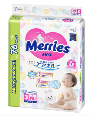 MERRIES Подгузники для детей размер M 6-11 кг 76 шт