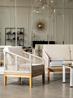 "Канны" лаунж-зона 4-местная из роупа со столиком "Канны" цвета "дуб", основание дуб, роуп бежевый