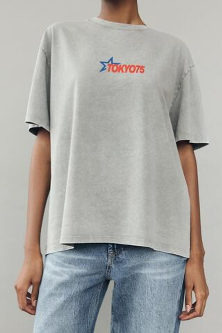 ZARA ФУТБОЛКА С ЭФФЕКТОМ ПОТЕРТОСТИ И ПРИНТОМ, АНТРАЦИТОВО-СЕРЫЙ