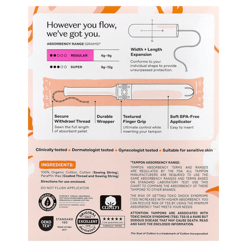 The Honey Pot Company, впитывающие тампоны из 100% органического хлопка, обычные, 18 шт.