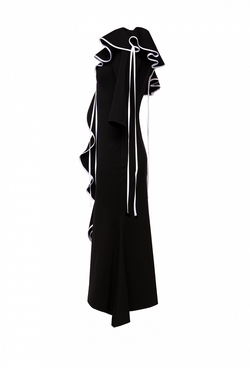 Платье чёрное с воланами и ассиметричной кокеткой 01-01-21SS