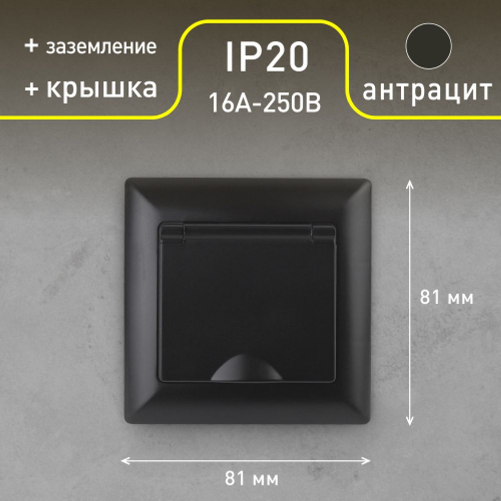 Розетка Intro Solo 4-203-05 с заземлением 2P+E Schuko с крышкой, 16А-250В, IP20, СУ, антрацит