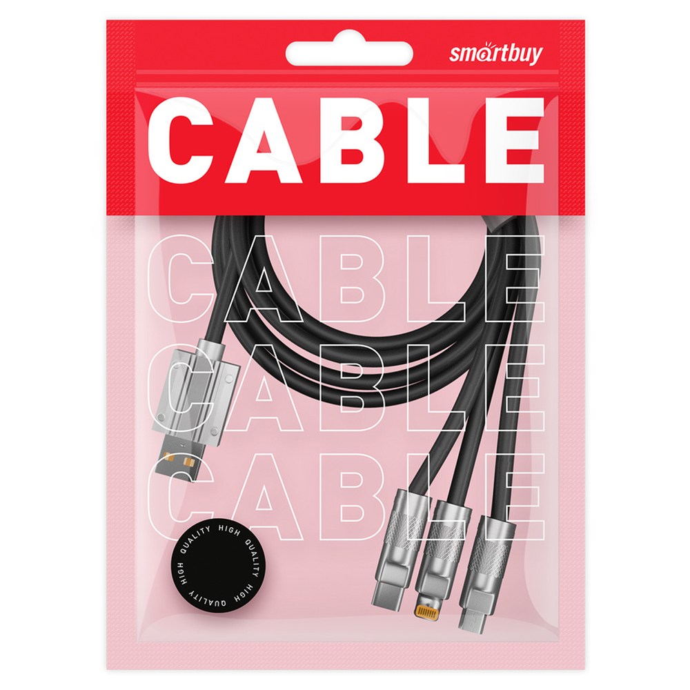 Кабель Smartbuy Bold 3 в1 универсальный, USB - Micro-USB/Lightning/Type C, экстрапрочный, 3A output,