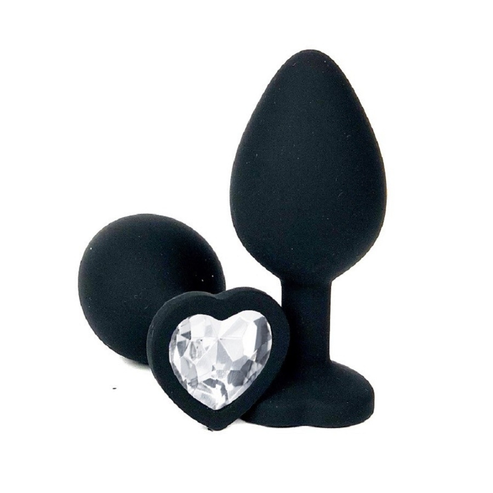 Анальная втулка черная с кристаллом сердце Small прозрачный 7 см