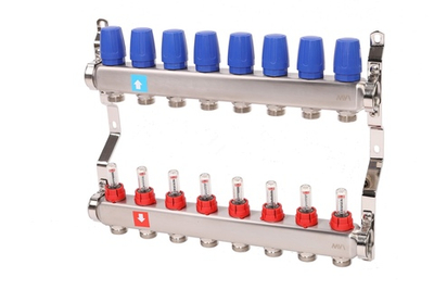Коллекторная группа в сборе из нерж. стали с расходомерами 1" х 8 вых  Евроконус 3/4 MVI