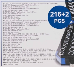 Набор инструментов 216+2пр. 1/4'', 3/8'', 1/2''(6гр.) (4-32мм) Scheppach Sch-38841+2