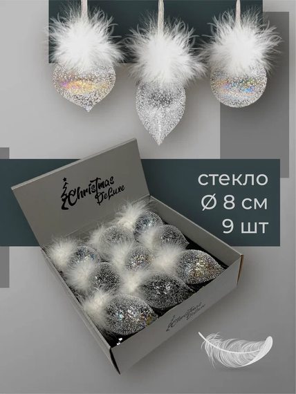 Набор стеклянных украшений Ледяной дождь 80 мм., 9 шт., шар, капля, луковка, прозрачный, Christmas DeLuxe (14033)