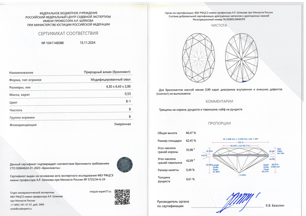 Бриллиант 1041146088 Мод.Ов-0,53-8-1/9 Б