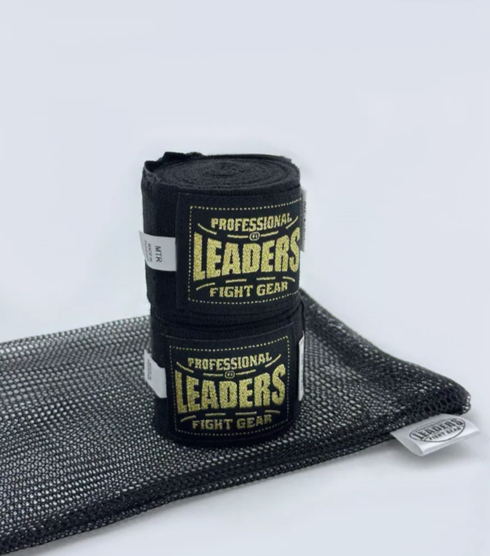 Бинты боксерские LEADERS Semi elastic   (50% хлопок/50% эластан, черный)