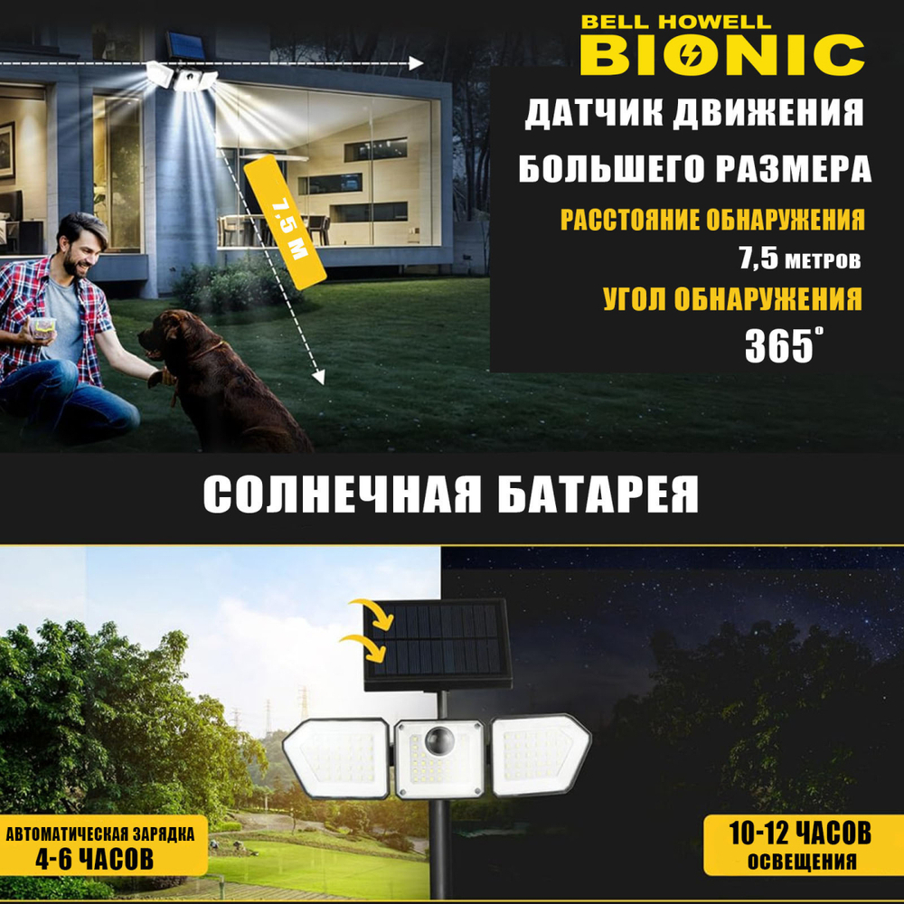 Светодиодный фонарь - прожектор Bell Howell Bionic, в комплекте 2 штуки, для сенсорного освещения заданных объектов с датчиком движения и солнечной батареей №70