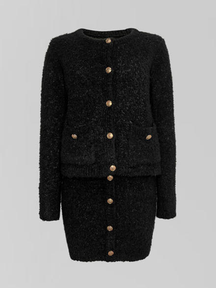 Костюм 6188 плюшевый из кардигана и юбки с золотыми пуговицами