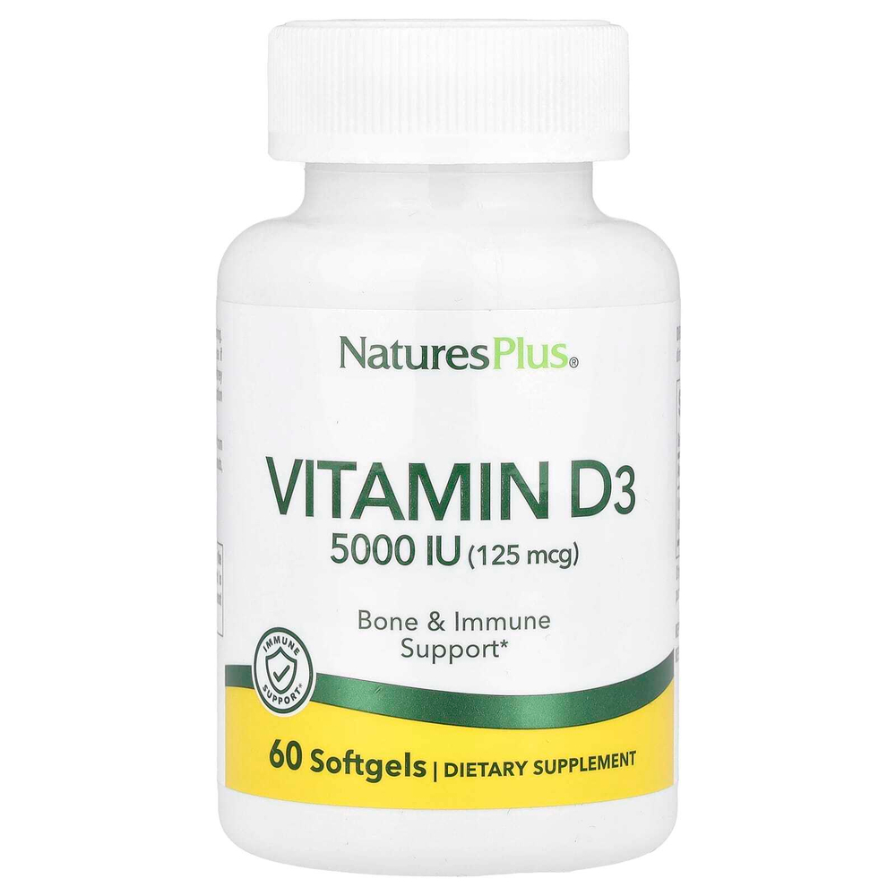 NaturesPlus, витамин D3, 125 мкг (5000 МЕ), 60 мягких таблеток